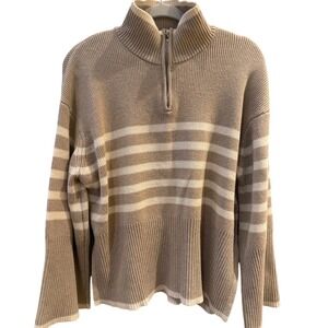 Rails Tessa Sweater Sand Stripe‎ Quarter Zip Merino Wool Sz L Coastal Minimalist